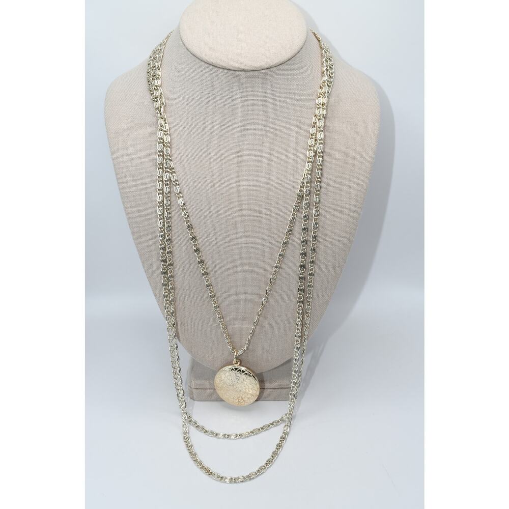 Vintage Germany Eloxal Triple Strand Necklace Floral Pendant Silver Tone